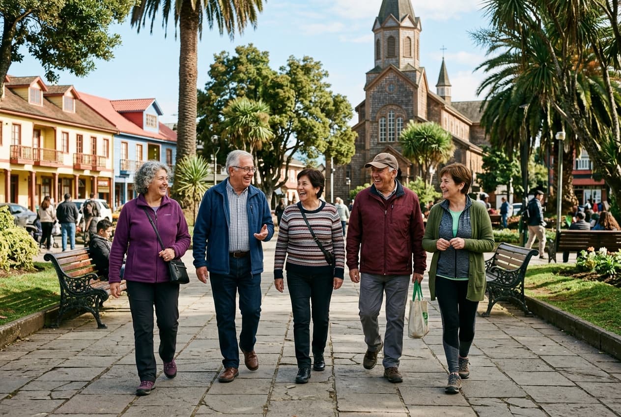 Grupo de personas mayores caminando juntas en una plaza