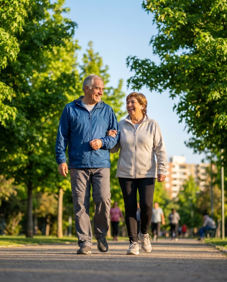 Dos personas mayores caminando juntas y sonriendo en un parque